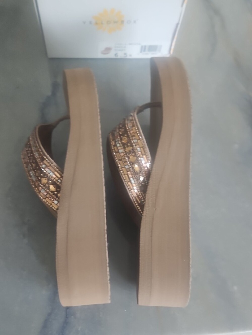 Yellow Box Beaded Taupe Platform Thong Sandals - Picture 5 of 9